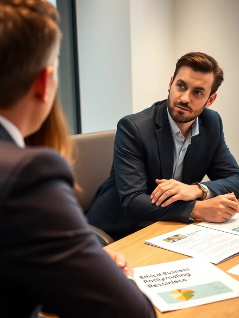 A UK business owner receiving guidance on ethical business practices, emphasizing social responsibility and sustainable growth.